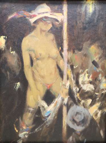 Ken Moroney (1949-2018), oil on card, 'The Pole Dancer', signed, with Studio stamp, 24 x 18cm