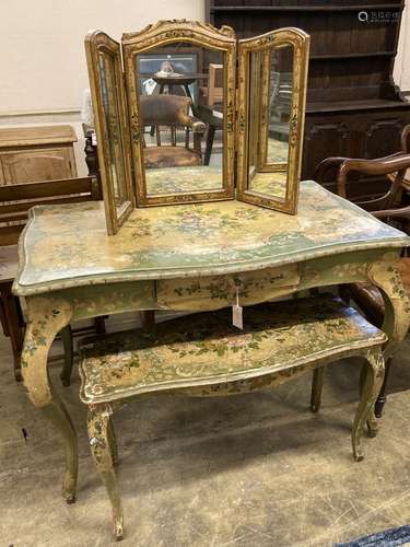 An early 20th century Venetian style rectangular floral painted serpentine table with similar triple