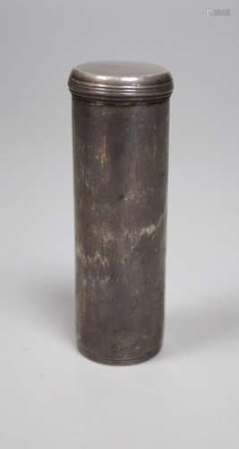 A George IV silver cased cylindrical travelling shaving brush, maker's mark rubbed, London, 1824,