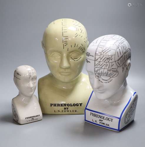 Three reproduction phrenology ceramic heads, by L.M. Fowler, tallest 29cmCONDITION: Good condition