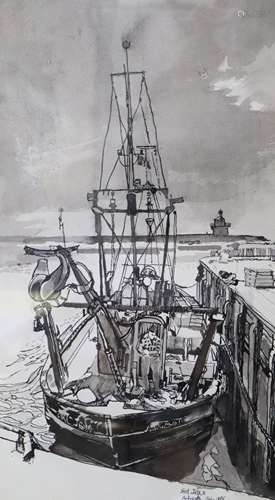 Joe Head, ink and wash, Study of a fishing boat 'Girl Jean', signed and dated 1985, 38 x 22cm