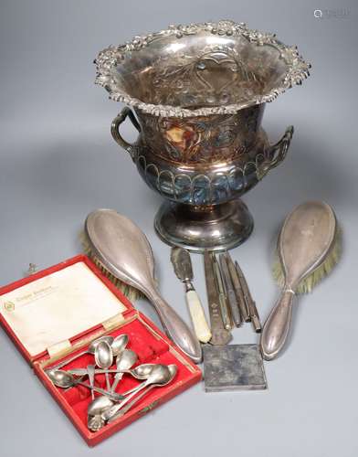 Mixed silver and plate including minor silver and plated flatware, two silver brushes, three