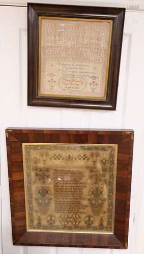 A George IV sampler dated 1826 and a Victorian sampler, largest 49 x 46cm