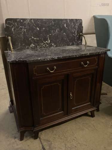 An Edwardian satinwood banded mahogany marble top washstand, width 99cm, depth 52cm, height 106cm