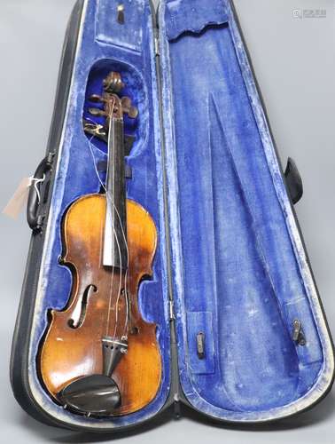 A violin labelled W Placht & Co, 58cm, cased