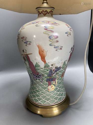 A Chinese famille rose baluster table lamp, 46cm, with shade