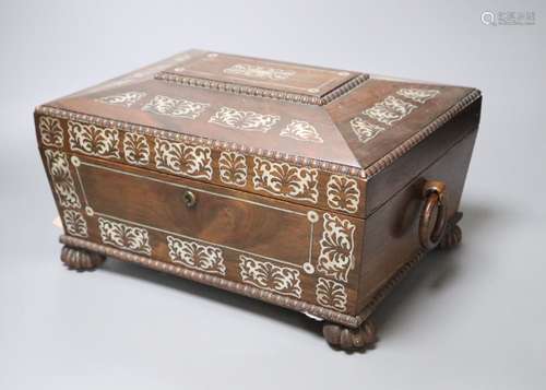 A Victorian mother of pearl-inlaid rosewood sarcophagus work box, width 31cm height 18cm