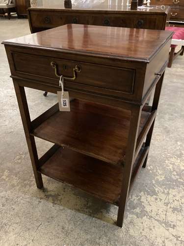 A George III style mahogany three tier table, fitted single drawer, width 47cm depth 41cm height