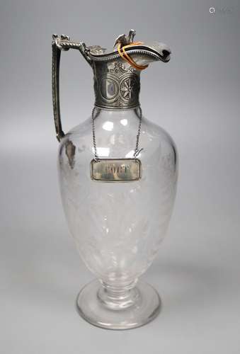 A Victorian silver mounted etched glass baluster claret jug, maker C.F. Sheffield, 1869, (lid a.f.),