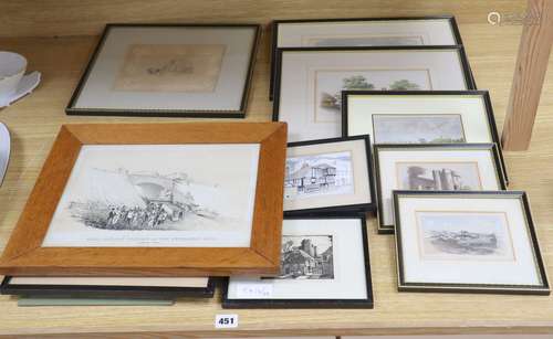 A group of assorted 19th century and later watercolours and prints, depicting scenes in and around