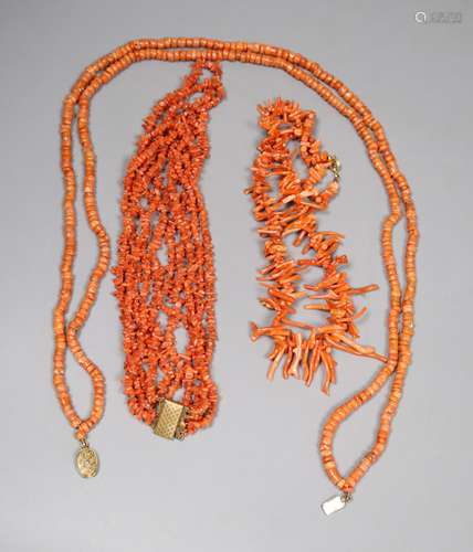 Three assorted coral necklaces including bead and fragment, with gilt metal clasps, longest 62cm,