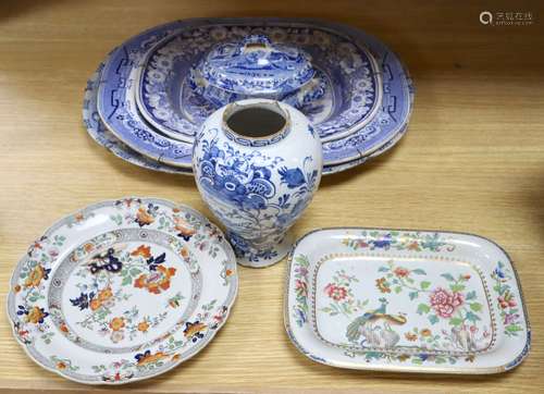 Three blue and white meat platters, largest 49cm wide, two ironstone plates and a tureen and a Delft