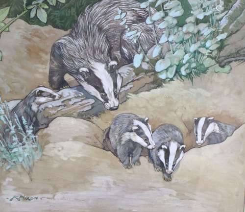 Kay Nixon (1895-1988), watercolour and gouache, Badgers, painted for the book Animal Mothers and