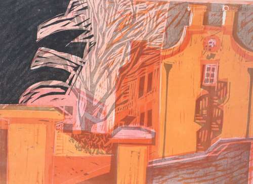 J. Spencer, linocut, View of terraced houses, signed and numbered 11/12, 35 x 48cm