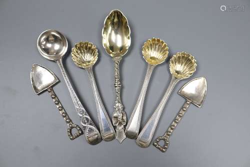 Five assorted 19th century silver condiment spoons including a pair by George Adams with shell bowls