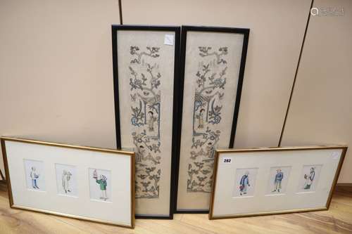 A pair of framed Chinese rice paper portrait groups and a pair of Chinese needlework sleeve bands,