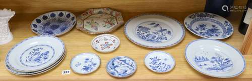 A collection of mostly 18th century Chinese export plates and dishes, a Chinese famille rose dish