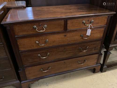 A George III satinwood strung mahogany chest with fluted column canted angles, width 104cm, depth