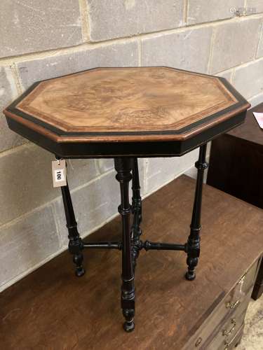 A late Victorian amboyna banded octagonal ebonised and walnut occasional table, width 49cm, depth