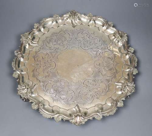 A Victorian silver salver, Edward & John Barnard, London 1854, 32cm, 30.5oz.CONDITION: Engraved