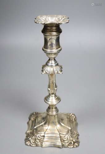 A late Victorian George III style silver candlestick, I.S. Greenburg & Co, Birmingham, 1900,