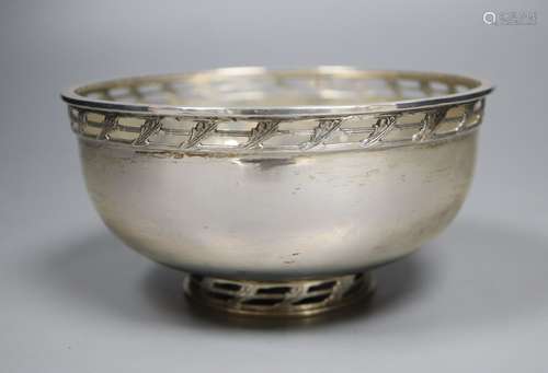 A modern silver circular bowl, with pieced border and foot, Albert Edward Jones Ltd, Birmingham,