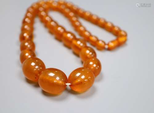 A single strand graduated oval amber bead necklace, 52cm, gross 42 grams.