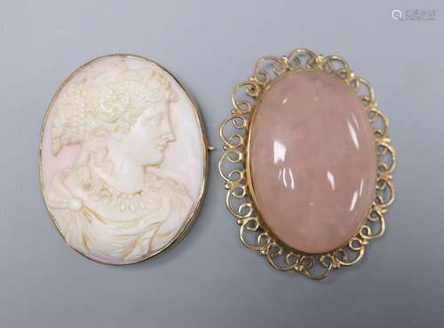 A 9ct gold-framed carved shell cameo portrait brooch and a 9ct gold-framed rose quartz brooch, 46mm,