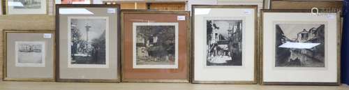 After Mortimer Luddington Menpes (1855-1938), a group of five framed monochrome etchings with