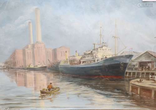 Max Parsons A.R.C.A. (1915-1998), the cargo ship 'Rynstroom' moored off Shoreham Power Station,