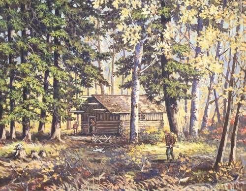 Fred Hall (1860-1948), oil on canvas board, Hunt Camp, Canoeshed Lake, Gogama, Canada, signed, 39