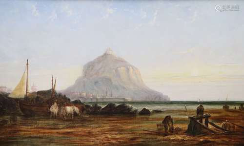 English School (19th century), St Michael's Mount with figures on the shore in the foreground, oil