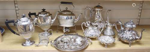 A three-piece plated teaset, sundry plated items and a leather box with plated mounts