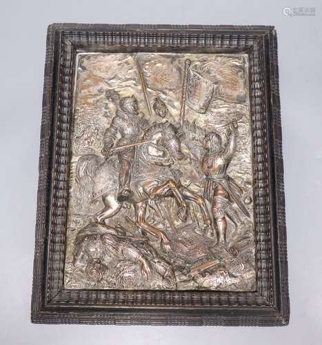 A 19th century French electrotype plaque, depicting a medieval battle scene, indistinctly signed,