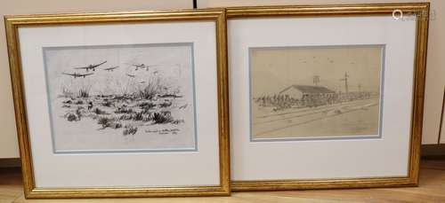 Cyril Mount (1920-2013), two drawings, Stuka raid on battery position, Alamein, 9/42 and Alamein