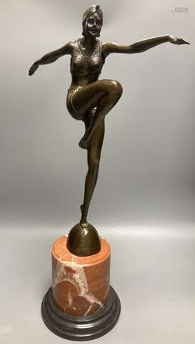 J Philipp. An Art Deco bronze female dancer, cylindrical marble plinth, 57cmCONDITION: Not period, a