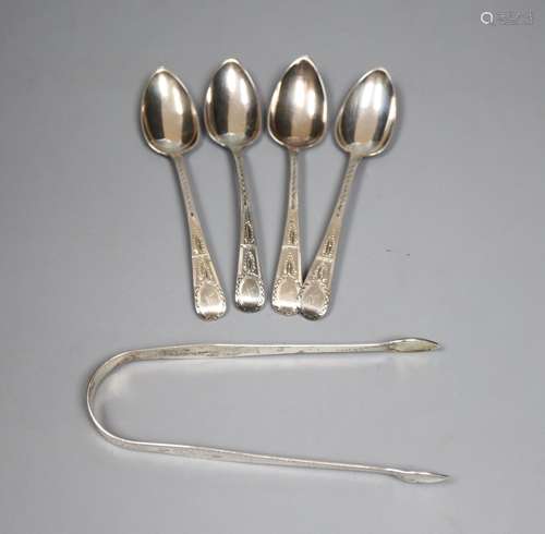 A pair of George III silver bright cut sugar tongs, by Hester Bateman (no date letter) and a set