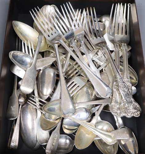 A set of six Victorian silver fiddle and thread pattern dessert spoons by George Adams, London,