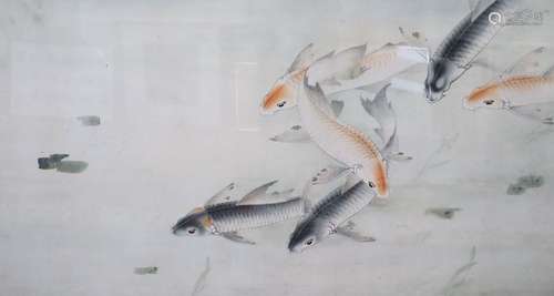 Chinese School (early 20th century), Koi Carp swimming among weeds, watercolour on silk, in