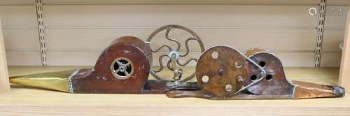 Two 19th century brass mechanical wheel bellows, length 70cm