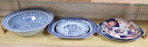 A Chinese blue and white bowl, three Chinese blue and white plates and an Imari plate, largest