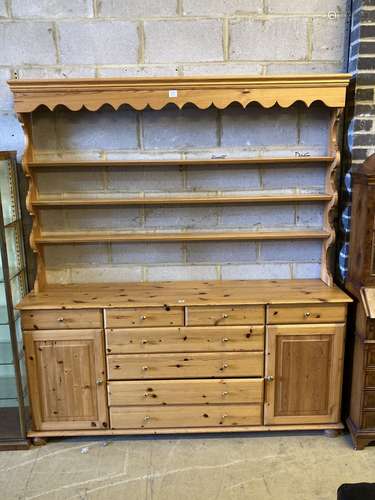 A modern Victorian style pine dresser, width 178cm, depth 38cm, height 195cm