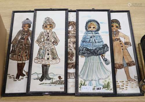 Five framed sets of three Jersey Pottery tile plaques, depicting ladies dressed for winter, 46 x