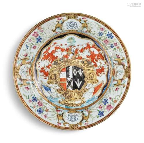 A Chinese Export Armorial Plate, Qing Dynasty, Qianlong Period, circa 1743 | 清乾隆 約1743年 粉彩紋章圖盤