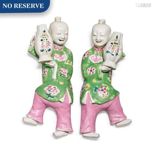 A Pair of Chinese Export Famille-rose 'Boys' Wall Vases, Qing Dynasty, 18th Century | 清十八世紀 粉彩童子形壁瓶一對