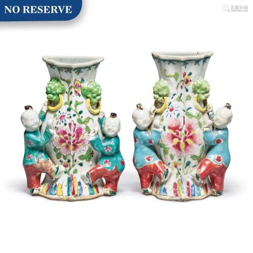 Two Chinese Export Famille-rose 'Boys and Vases' Wall Vases, Qing Dynasty, 18th / 19th Century | 清十八 / 十九世紀 粉彩壁瓶兩件