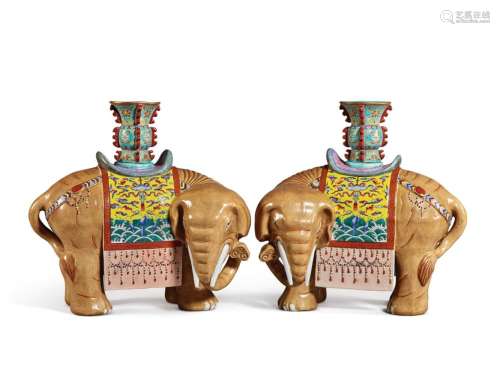 A Large Pair of Chinese Export Famille-rose Elephant-form Candlesticks, 20th Century | 二十世紀 粉彩太平有象燭台一對