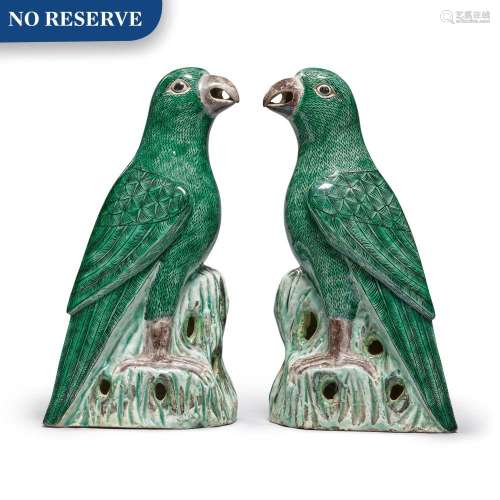 A Pair of Chinese Biscuit-glazed Figures of Parrots, 20th Century | 二十世紀 綠釉鸚鵡擺件一對