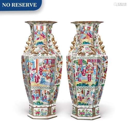A Pair of Canton Famille-rose Hexagonal Baluster Vases, Qing Dynasty, Mid-19th Century | 清十九世紀中期 廣彩開光人物故事圖六方瓶一對