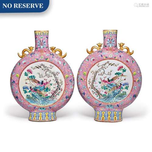 A Pair of Large Chinese Famille-rose Moon flasks, Late Qing Dynasty | 清末 粉地粉彩開光花鳥人物圖抱月瓶一對